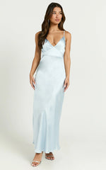 Lorenzia Maxi Dress - Plunge Corset Underbust Detail Satin Dress in Light Blue