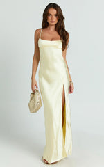 Natalie Maxi Dress - Satin Scoop Neck Low Tie Back Slip Dress in Lemon