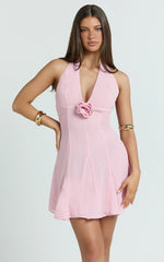 Frederica Mini Dress - Chiffon Halter Neck Rosette Godet Dress in Pink