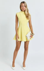 Becky Mini Dress - High Neck Sleeveless Fit And Flare Dress in Lemon