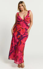 Alessa Maxi Dress - V Neck Frill Detail Empire Waist Back Cut Out Dress in Adeana Print