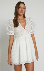 Freya Mini Dress - Puff Sleeve V Neck A Line Dress in White