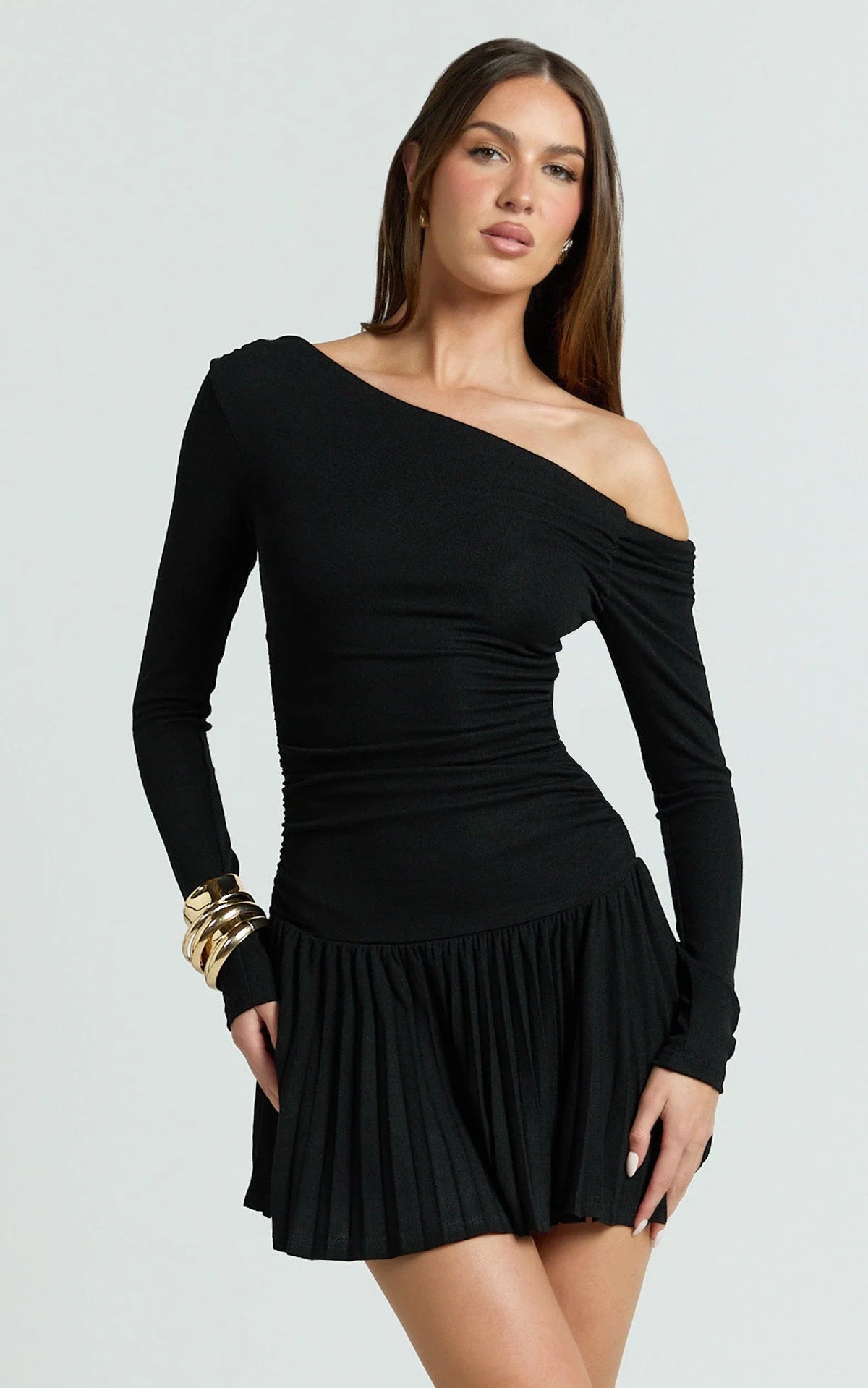 Presley Mini Dress - One Shoulder Ruched Side Pleated Fit And Flare Dress in Black