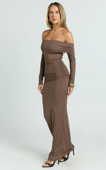 Emilie Maxi Dress - Off Shoulder Long Sleeve Ruched Jersey Dress in Dark Brown