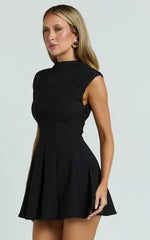 Becky Mini Dress - High Neck Sleeveless Fit And Flare Dress in Black