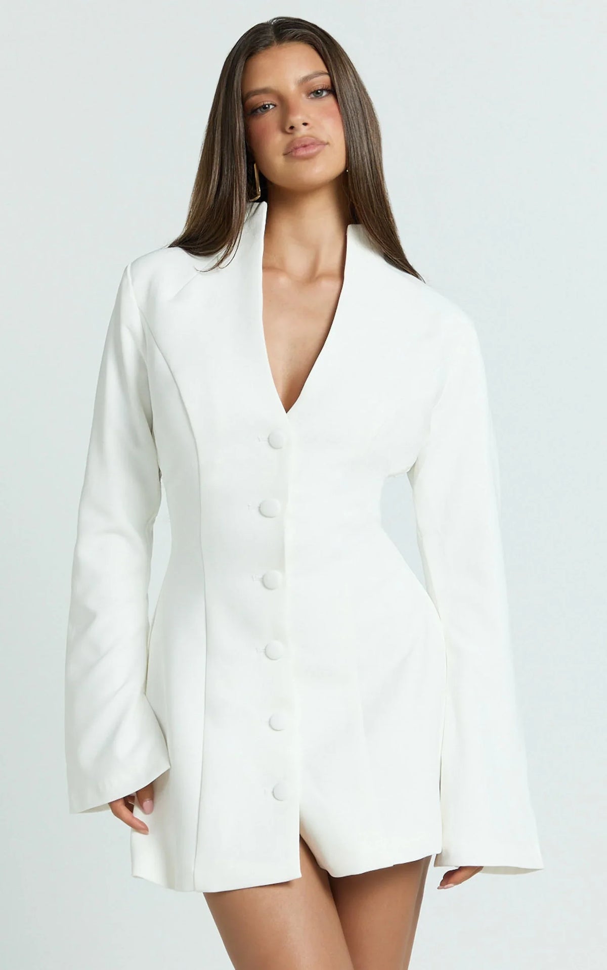 Layton Mini Dress - V Neck Long Sleeve Button Front Tulip Skirt Dress in White