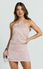 Elysia Mini Skirt - Sequin Low Waist Skirt in Pale Pink