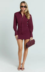 Lorrie Mini Dress - Long Sleeve Shirt Dress in Wine