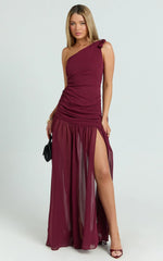Behati Maxi Dress - One Shoulder Cut Out Fit And Flare Dress in Wine