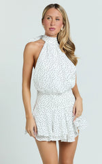 Bryonie Mini Dress - Backless Halter Dress in Ivory With Black Polka Dot