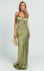 Quincy Maxi Dress - Satin Slip Dress in Olive