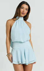 Bryonie Mini Dress - Backless Halter Dress in Pale Blue