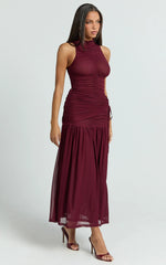 Metzie Maxi Dress - High Neck Gathered Mesh Dress in Burgundy