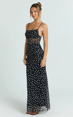 Gia Maxi Dress - Straight Neck Fitted Dress in Black White Spot