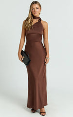 Keryn Maxi Dress - Open Back Shoulder Detailing Dress in Chocolate