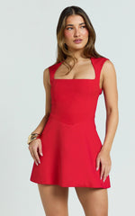 Sakura Mini Dress - Square Neck Wide Strap A Line Skirt Dress in Red