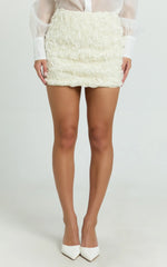 Alvana Mini Skirt - 3D Floral Mid Waist Skirt in White