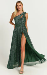 Isra Maxi Dress - Lurex Slit Cut Out One Shoulder Dress in Emerald
