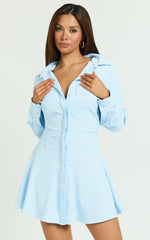 Raquel Mini Dress - Collared Long Sleeve Fit And Flare Shirt Dress in Cornflower Blue