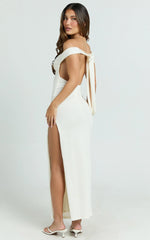 Anziel Maxi Dress - Underwire Off Shoulder Backless Column Jersey Tie Back in Off White
