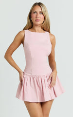Izira Mini Dress - Boat Neck Drop Waist Shift Dress in Pink