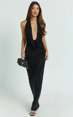 Felix Maxi Dress - Low Cowl Neck Bodycon Tie Back Dress in Black