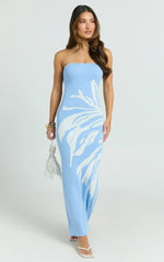 Rema Maxi Dress - Intarsia Floral Strapless Knitted Dress in Light Blue