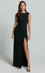 Celia Maxi Dress - Twist Shoulder Bodycon Thigh Split Dress in Black