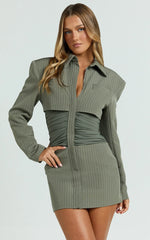 Janet Mini Dress - Oversized Placket Front Shirt Dress in Khaki/Cream Stripe