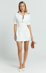 Helena Mini Dress - Packet Front Fitted Bodice Tulip Skirt Shirtdress in White