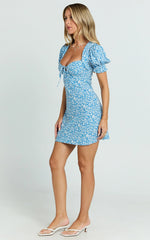 Jacky Mini Dress - Sweetheart Puff Sleeve Mini Dress in Blue Floral