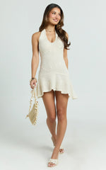 Estella Mini Dress - Scooped V Halter Drop Waist Frill Hem Skirt in Ivory