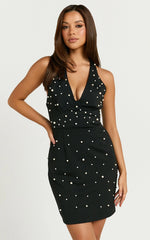 Marya Mini Dress - Pearl Detail Plunge Neck Dress in Black