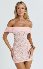 Nalani Mini Dress - Lace Off Shoulder Bodycon Dress in Pink