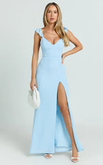 More Than This Maxi Dress - Ruffle Strap Thigh Split Dress in Light Blue