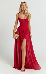 Kreanna Maxi Dress - Adjustable Strap Ruched Bodice Fit And Flare Dress in Red