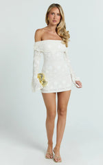 Raymond Mini Dress - Off Shoulder Long Sleeve Fitted Dress in Ivory