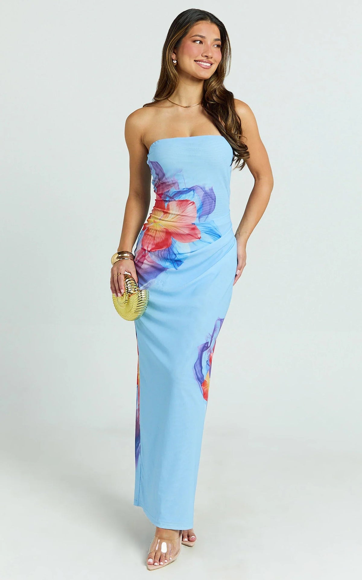 Jenny Maxi Dress - Strapless Mesh Bodycon Dress in Electric Print