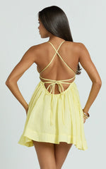 Jemima Mini Dress - Plunge Fit And Flare Dress in Lemon