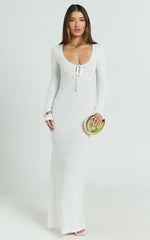 Laine Maxi Dress - Sequin Lace Wide Scoop Neck Long Sleeve Column Dress in White