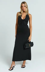 Lorvie Maxi Dress - Halter Plunge A Line Dress in Black