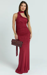 Larson Maxi Dress - Asymmetric Tie Neck Column Dress in Wine