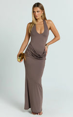 Heath Maxi Dress - Scoop Halter Neck With Drape Front Skirt Back Split Dress in Brown