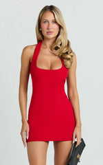 Lucinda Mini Dress - Scoop Neck Ruched Bodycon Dress in Red