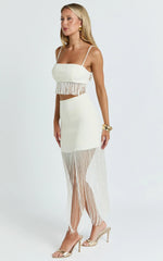 Evie Two Piece Top and Skirt Set - Fringed Micro Top And Tiered Fringed Mini Skirt in Ivory
