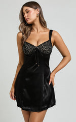 Georgine Mini Dress - Wide Strap Sweetheart Neck Slip Dress in Black