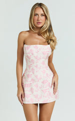 Reece Mini Dress - Strapless Fitted Bodice Tulip Skirt Brocade Dress in Pink