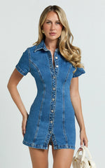 Laine Mini Dress - Button Down Denim Shirt Dress in Mid Blue Wash