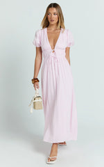 Matteo Midi Dress - Deep V Neck Puff Sleeve Dress in Pink
