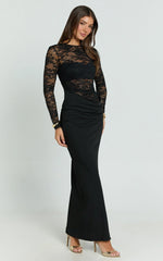 Crisanta Maxi Dress - Long Sleeve Contrast Lace Bodycon Dress in Black